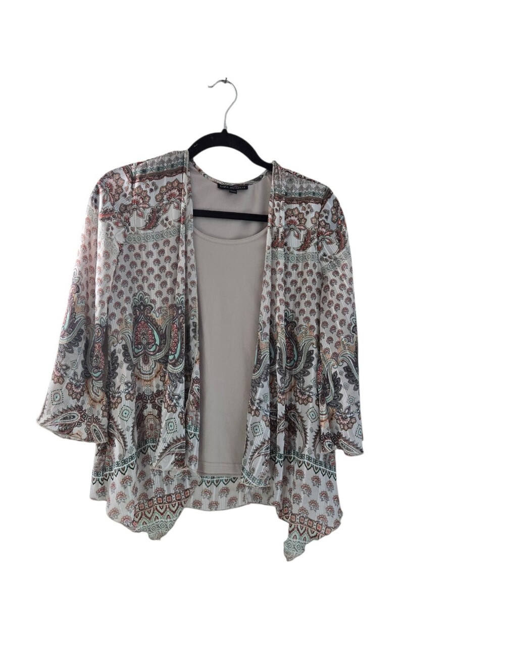 Sara Michelle Lightweight Paisley Kimono Cardigan in Cream and Sage